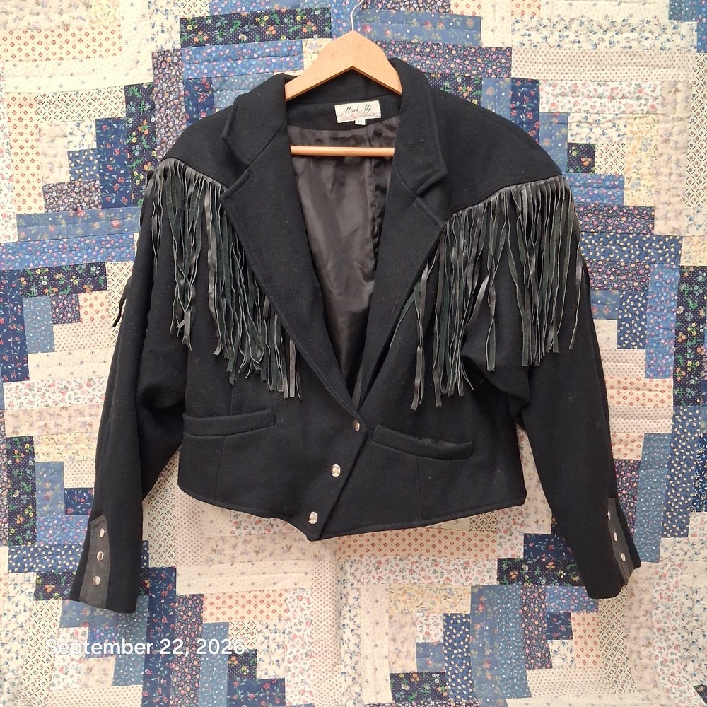 80s Vintage Western Cowgirl Leather Fringe Wool Jacket Womens Medium M Rodeo Vtg